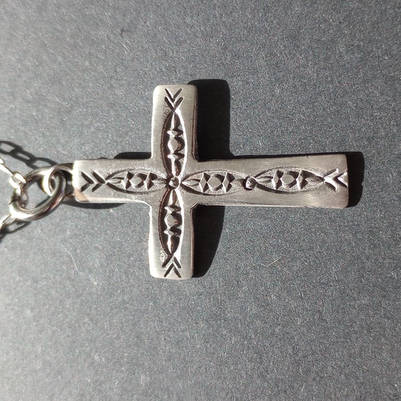 Native American Jewelry - Sterling Silver Stamped Cross Pendant Necklace Signed